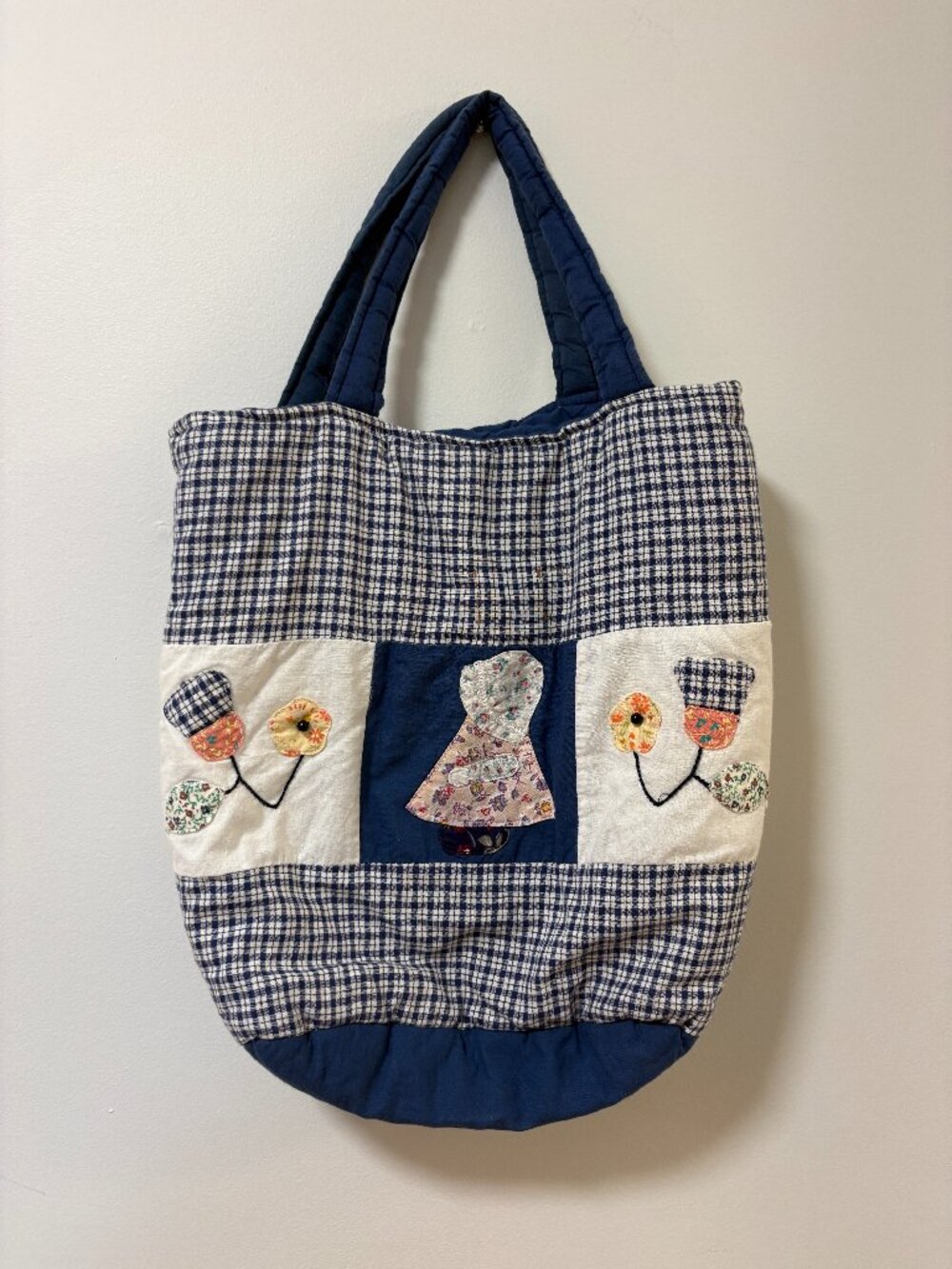 HANDMADE Blue Gingham Floral Tote Bag Quilted Floral Boho Cottagecore Blue